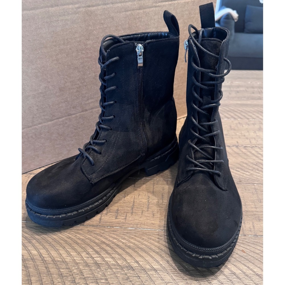 Rouge Helium Womens Black Faux Suede Lace Up Side Zip Lug Sole Combat Boots 8.5